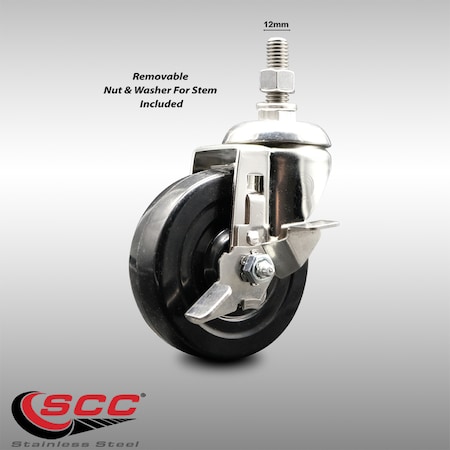 Service Caster 4 Inch 316SS Soft Rubber Wheel Swivel 12mm Threaded Stem Caster with Brake SCC-SS316TS20S414-SRS-TLB-M1215